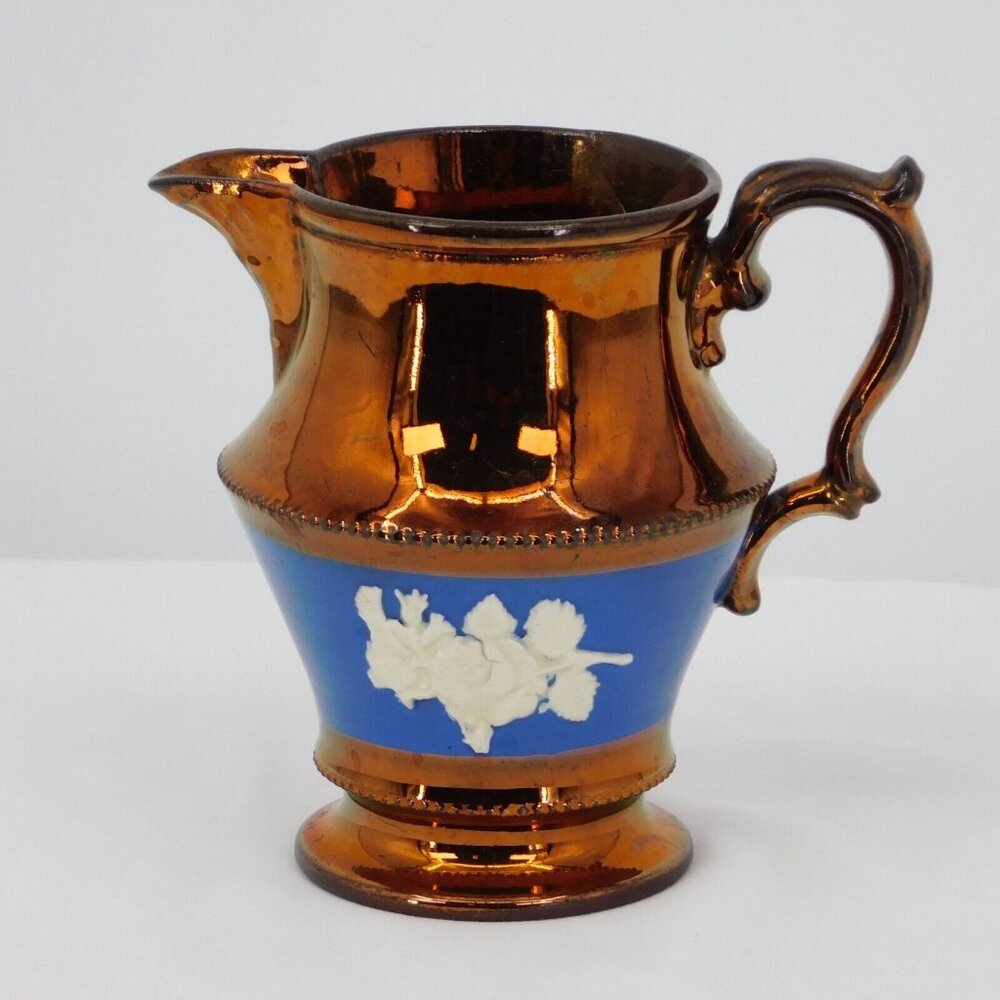 Antique Victorian Staffordshire Pottery Copper Lusterware Jug Embossed Rose FLAW